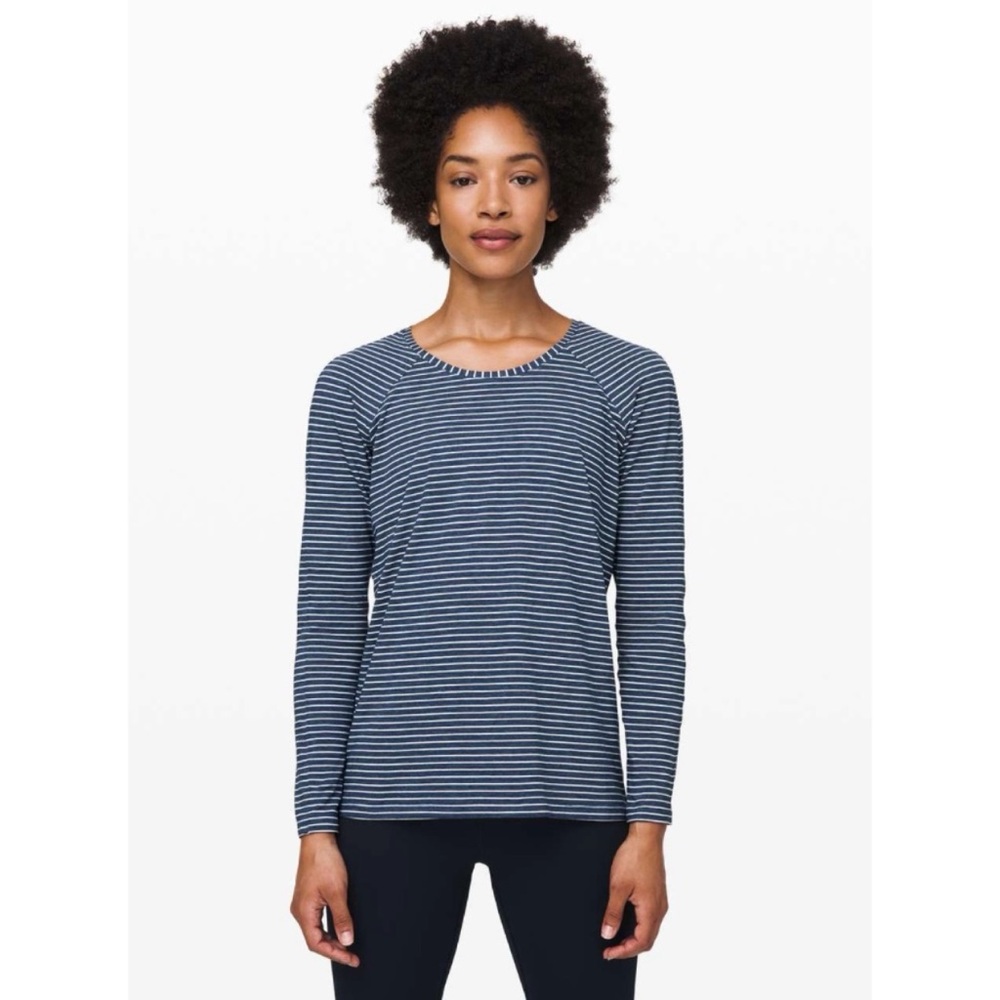 Lululemon Emerald Long Sleeve Top Modern Stripe Heathered Code Blue White Sz 8